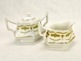 Footed Porcelain Creamer &amp; Sugar Bowl, 6-Sided Diamond Shape, Vintage Ge... - £19.37 GBP