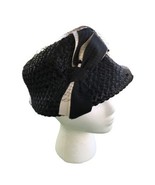 VINTAGE 1950&#39;S Veiled Bow Ribbon Textured STRAW Black HAT One Size - £14.92 GBP