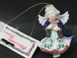 Christmas ornament porcelain angel hand harp blue robe green gold red tr... - $3.66