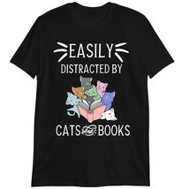 Funny Cat &amp; Book Lover T-Shirt, Gift for Cat &amp; Book Lover Shirt, Easily Distract - £18.44 GBP