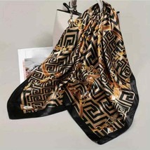 Scarf Silk Black And Gold Tone Elegant Satin Print 35 x 35 inches - £23.03 GBP