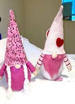 2 Gnomes Him and Hers Sequins Pink 14&quot; Shelf Sitters VALENTINE&#39;S DAY - $17.09