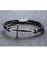 New Men’s Black Leather Braided Cross Bracelet  - £8.72 GBP