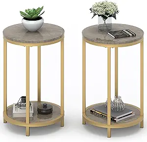 Round Side Table Set Of 2, Modern Nightstand End Table With Gold Metal F... - $240.99