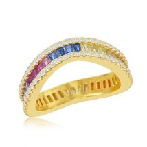 Silver Rainbow Baguette CZ with Clear CZ Border Wavy Ring - Gold Plated - £45.56 GBP