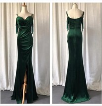 Green Velvet Evening Dresses Sheath Beadings Prom Party Gown Split  Sweetheart N - £102.26 GBP