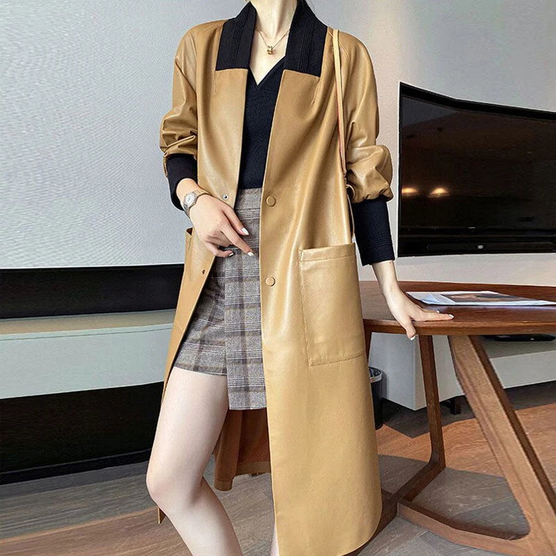 Spring   Long Leather Trench Jacket Women Long Sleeve Single Breasted  L... - $449.57