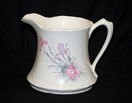 Old Vintage Ceramic White Pitcher Pink &amp; Purple Iris Flower Designs Kitchen Tool - £15.95 GBP