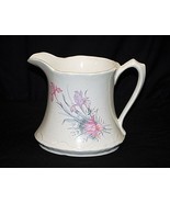 Old Vintage Ceramic White Pitcher Pink &amp; Purple Iris Flower Designs Kitc... - £15.56 GBP