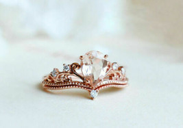 Pear Morganite Vintage Art Deco Crown Engagement Ring Set 14K Rose Gold Over - £81.43 GBP