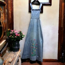 Handmade Vintage Floral Embroidered Denim Overall Long Cottage Dress Retro - £40.67 GBP