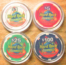 (4) HARD ROCK CASINO CHIPS - Sample Set - ALBUQUERQUE, NEW MEXICO $1 $5 ... - £23.14 GBP