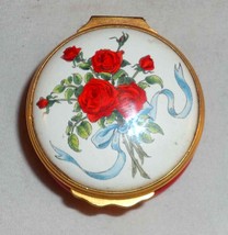 English Round Bilston &amp; Battersea Enamels Box Red Roses Bouquet with Love - $50.00