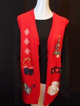 Basic Editions RED UGLY CHRISTMAS HOLIDAY SANTA TREE SWEATER VEST WOMEN ... - $24.95