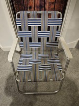 Vintage Sunbeam Aluminum Folding Chair Beach Lawn Patio Webbed - Blue/Gold/White - £41.83 GBP