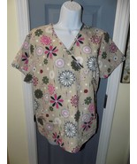 Denice Beige Flower Print Short Sleeve Scrub Shirt Size Small Women&#39;s EUC - £13.77 GBP