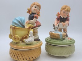 (2) VTG Girl Washing Her Cat,Pushing Stroller Music Box Figurine Tundra Imports - £14.75 GBP