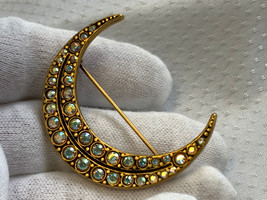 Kirks Folly Crescent Moon Brooch Aurora Borealis Crystals Pin Fashion Jewelry - £39.46 GBP