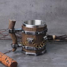 Vikings Wood Style Beer Mug Simulation Wooden Resin Barrel Gift Cup Bar Drinking - £28.04 GBP