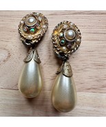 French romance pearl earrings, clip on, gold tone, vintage bridal glam - $47.04