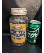 1950’s Glass Hellman&#39;s Real Mayonnaise Jar1 Quart Blue Ribbon Paper Labe... - $45.53