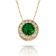 1.90Ct White Sapphire &amp; Emerald Round Halo Charm Pendant 14K Y Gold  w/ Chain - £55.71 GBP
