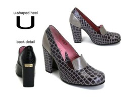 John Fluevog U-HEEL Family Marla Heels 8 Grey Leather Faux Croc Shoes Pumps - £102.76 GBP