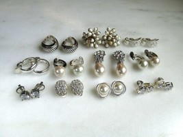 Vintage Lot Womens Silver White Earrings Faux Pearl Rhinestone Milk Glas... - $48.51
