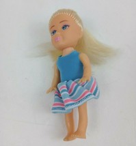 4&quot; Fashion Doll With Blond Hair Wearing Blue Dress With Striped Skirt - £7.60 GBP