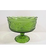 Vintage Green Pressed Glass Bowl On Pedestal by E O Brody Co. Cleveland OH M6000 - $13.09