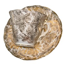 Vintage Colclough Footed Tea Cup &amp; Saucer Set Gold Flowers Leaves Trim - $39.59