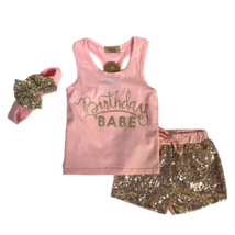 Catpapa Girls 3 Piece Shorts Tank Set Pink Gold Sequin Birthday Babe 6 M New - £15.17 GBP