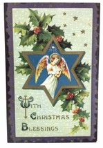 Christmas Blessings Embossed Angel Playing Mandolin Stars Holly Antique PC 1911 - $11.00