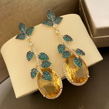 Fashion Golden Leaf and Pink Cubic Zircon Vintage Luxury Drop Earring for Women  - £29.92 GBP