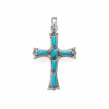 925 Sterling Silver Blue Turquoise Cross Pendant Oxidized Men Womens Charm Faith - £119.61 GBP
