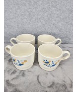 Set Of 4 White USA Mugs Blue &amp; Yellow Floral With Birds 3” Tall - $23.98