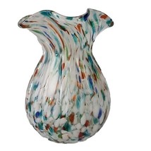 Hand Blown Vase Ruffled Edge Multicolor Speckle Confetti Art Glass Groun... - $38.61