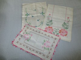 3 Unused Vtg Floral Linen Dresser SCARVES--Cross Stitch Embroidery Crochet-Edged - £19.18 GBP