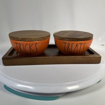 Rae Dunn Orange Halloween Trick Treat Mini Pinch Bowls With Wood Lids - £11.73 GBP