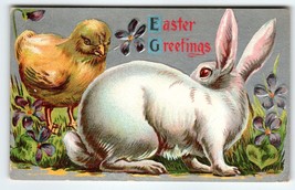 Easter Postcard Baby Chick White Bunny Rabbit Purple Flowers Vintage Emb... - $11.88