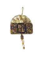 Vintage Noel Christmas Brooch Gold Tone Black Beaded Ornament Holiday Pin - $19.81