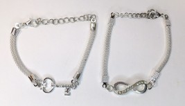 Lot of 2 Silver Tone Mesh Chain &amp; Rhinestone Bracelets Key and Infinity Symbol - £4.03 GBP