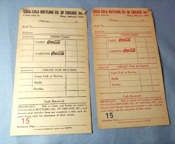1930s Coca Cola Chicago Bottling Co Sales Receipt set of 2 blank - $9.85