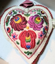 Vtg Hungarian Pin Cushion Heart Crafts Felt Floral Embroidered Red Purple - £26.47 GBP