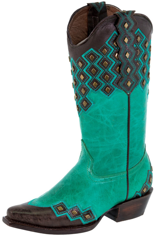Womens Western Boot Turquoise Leather Studs Overlay Casual Size 5, 5.5, ... - $77.60