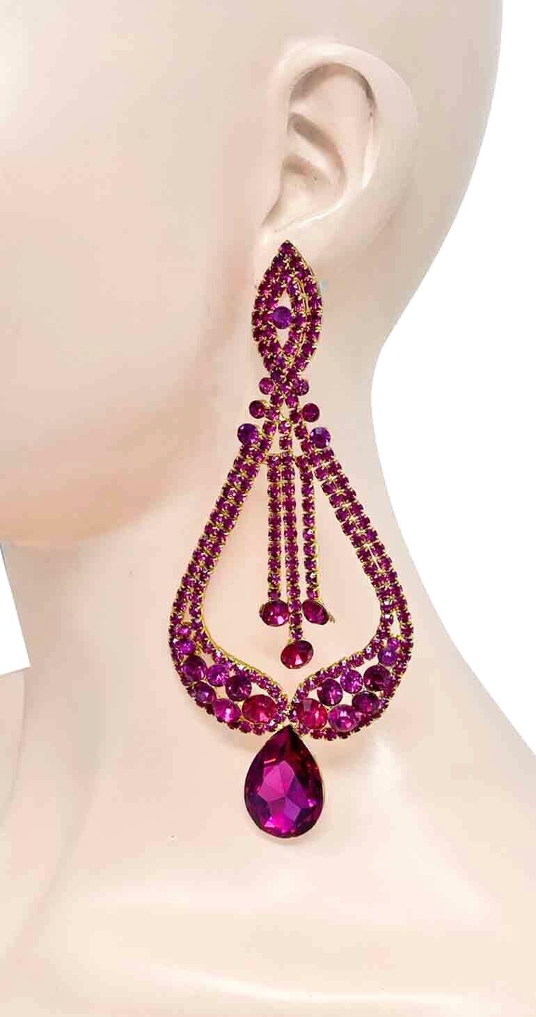 Primary image for 5.5" L Oversized Statement Fuchsia Crystals Post Earring Drag Queen Pageant