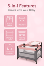 5-in-1 Baby Bassinet Bedside Sleeper, Playard &amp; Diaper Changer Crib – Pink - $3,638.11 MXN