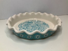 The Pioneer Woman Stoneware Teal Floral Deep Dish Pie Quiche 9&quot; Dish Ruffle Edge - £19.60 GBP