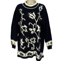 Vintage Dana Scott Tunic Mock Neck Sweater Size M Black Floral Beaded Wool  - £27.55 GBP