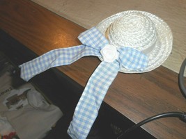 White Straw Hat With Blue Gingham Bow Accented With White Rose HANDMADE/4 3/4&quot; - £5.96 GBP